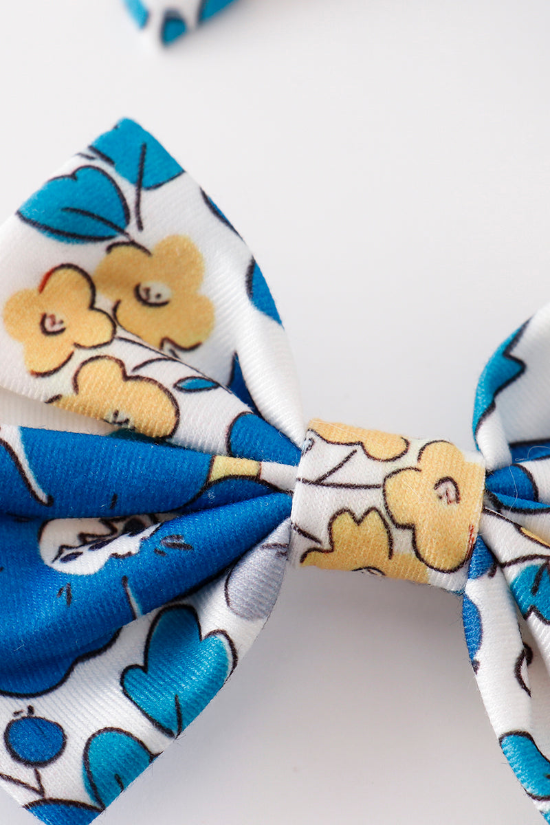 Blue floral print piggie hair bow - Cloudling Kids Clothing