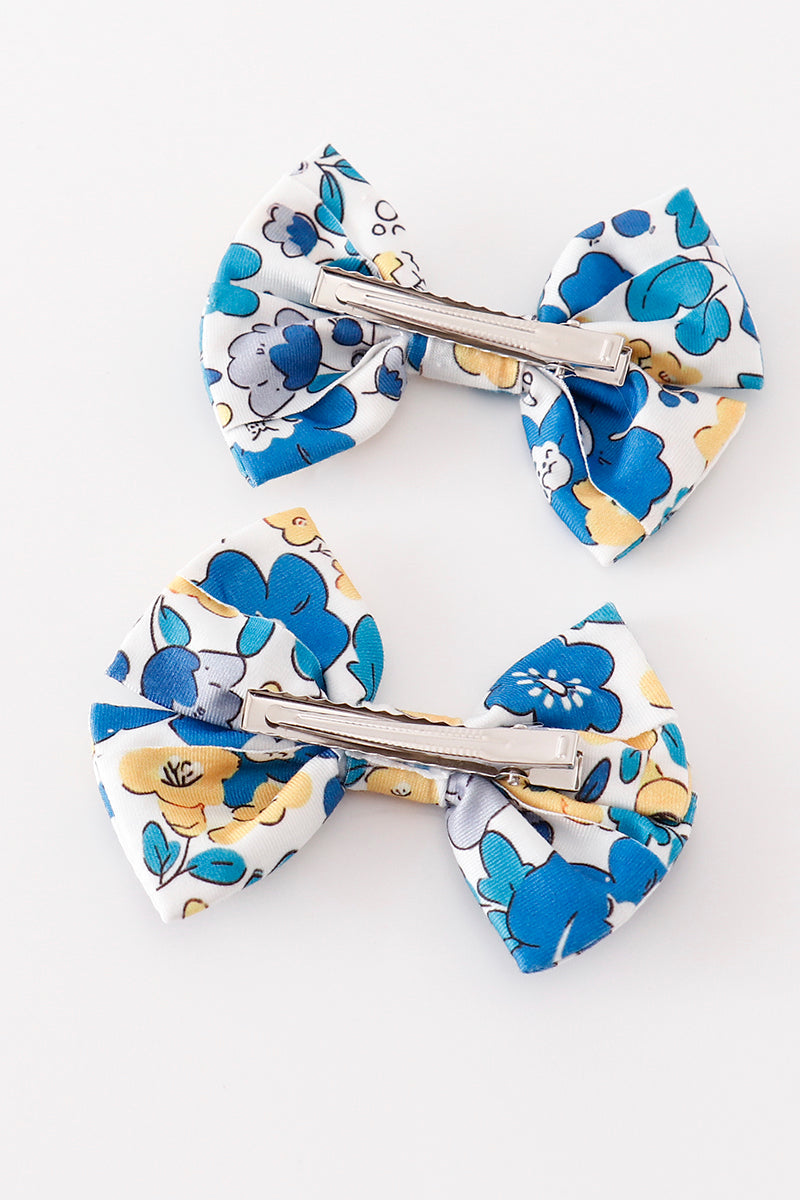 Blue floral print piggie hair bow - Cloudling Kids Clothing