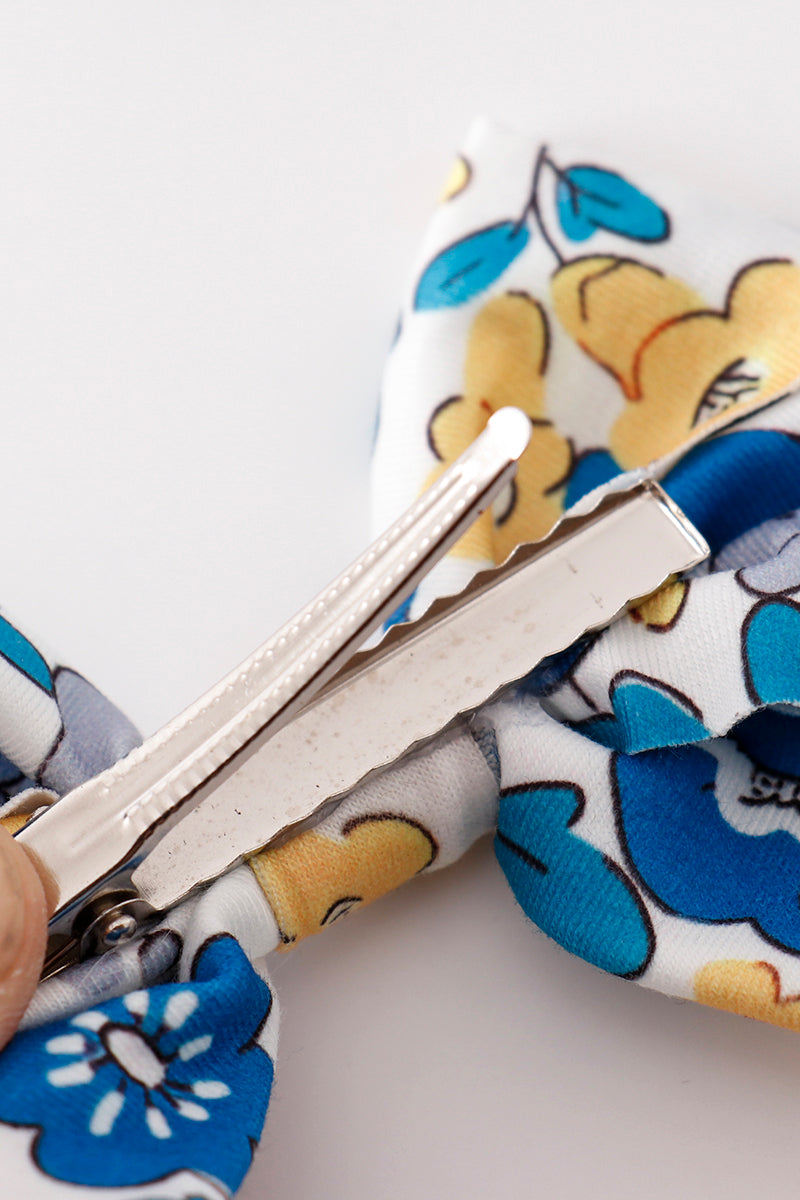 Blue floral print piggie hair bow - Cloudling Kids Clothing