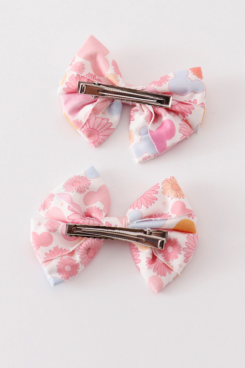 Pink character print piggie hair bow - Cloudling Kids Clothing