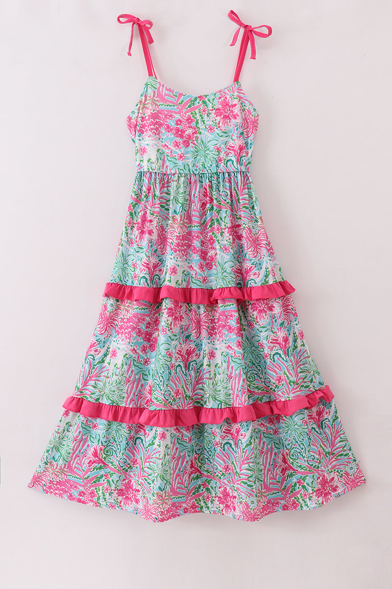 open lace back dress Pink Palm Paradise print tiered mom dress – Cloudling Kids Clothing