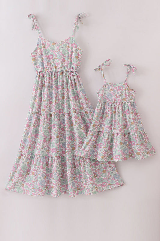 Mint pink floral print mom&me tiered dress - Cloudling Kids Clothing