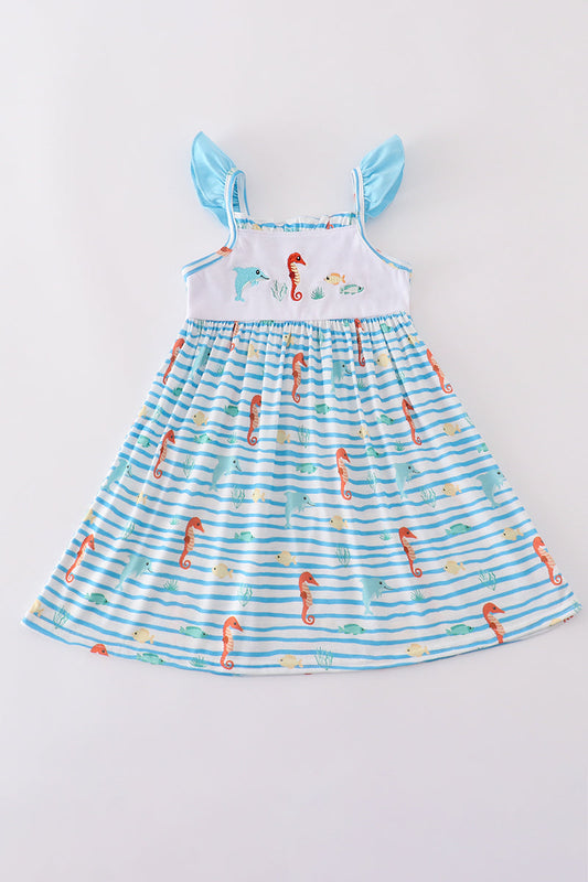 Blue marine creature embroidery dress - Cloudling Kids Clothing