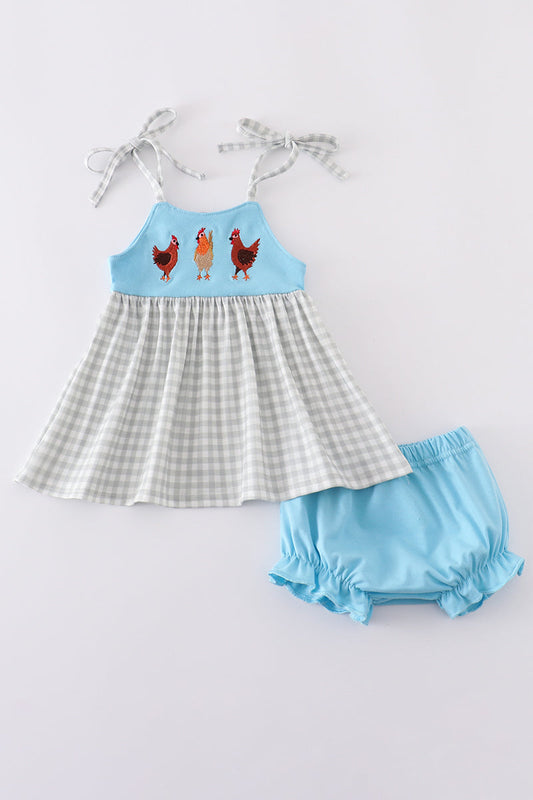 Blue farm chicken embroidery bloomer set - Cloudling Kids Clothing
