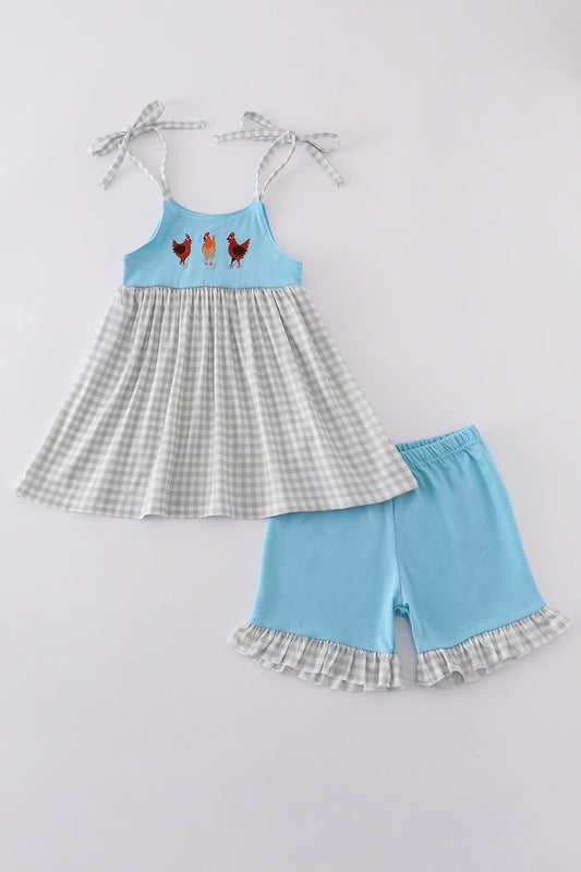 Blue farm chicken embroidery short set - Cloudling Kids Clothing