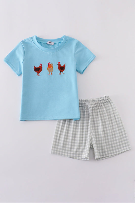 Blue farm chicken embroidery set - Cloudling Kids Clothing