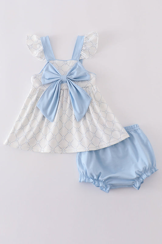 Blue bow classic lattice charm bloomer set - Cloudling Kids Clothing