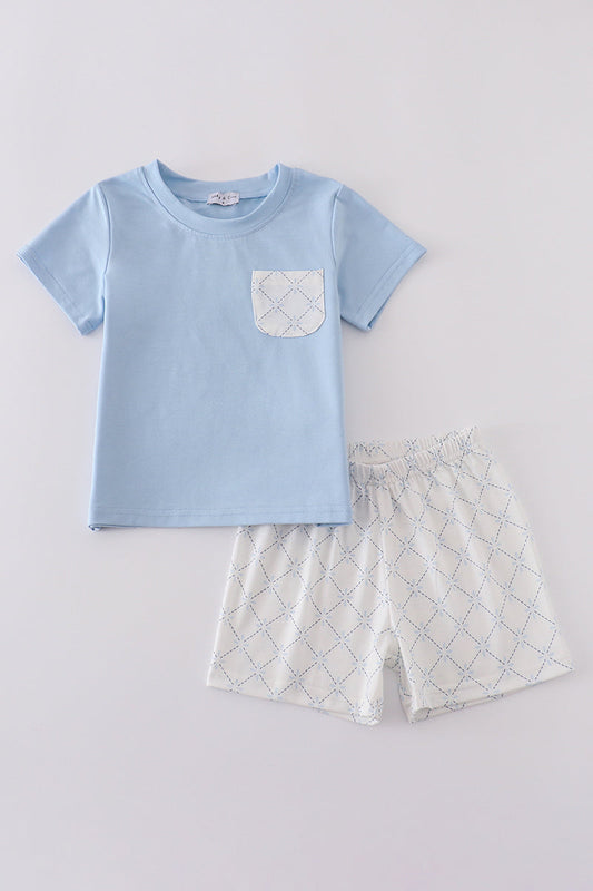 Blue classic lattice charm shorts set - Cloudling Kids Clothing