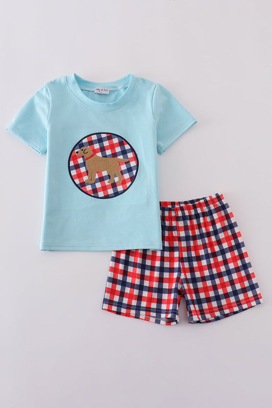 Blue puppy gingham applique shorts set - Cloudling Kids Clothing
