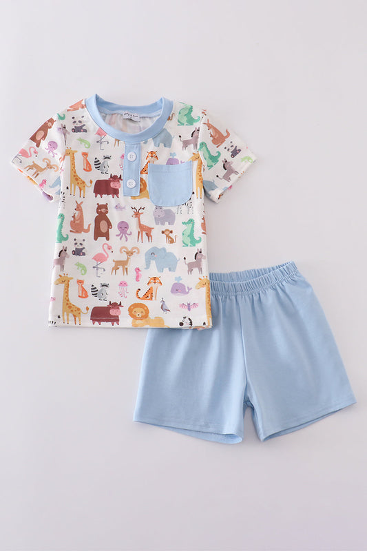 Blue zoo animals print shorts set - Cloudling Kids Clothing