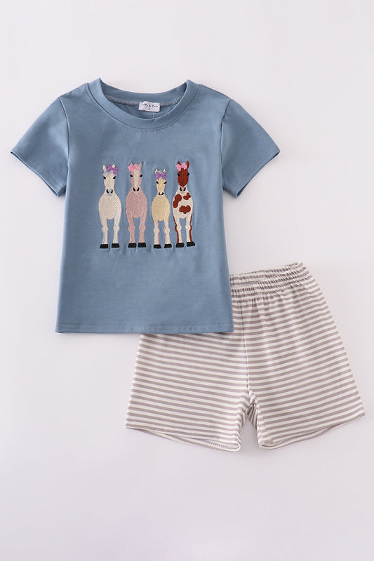Blue farm horses embroidery shorts set