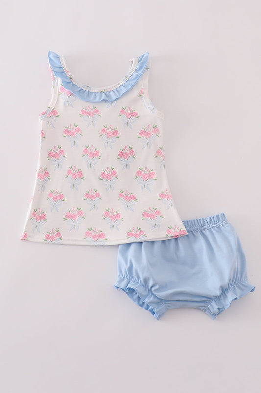 Girls' blue floral print bloomer set with bow and ruffle trim by Cloudling Kids Clothing.