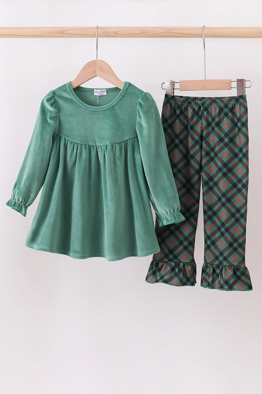 Forest velvet ruffle pants set