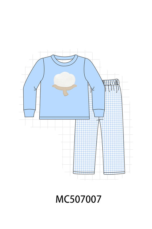 Blue cotton applique gingham pants set