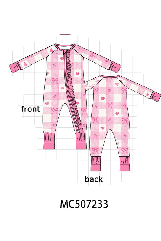 Pink heart checkered bamboo ruffle pajama zipper romper
