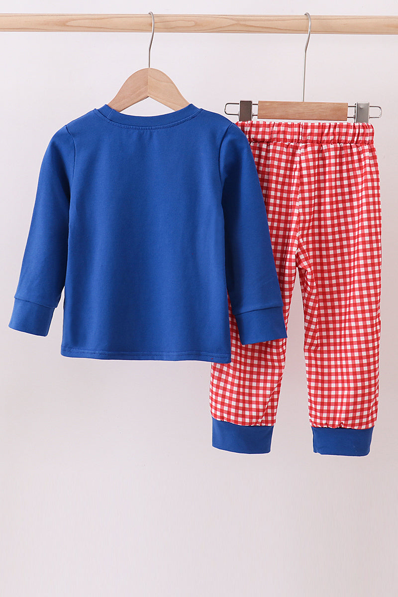 Blue character embroidery pants set