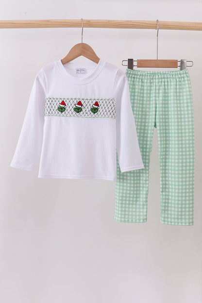 Green grinch smocked gingham pants set