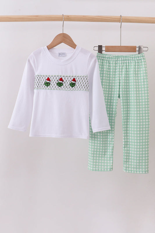 Green grinch smocked gingham pants set