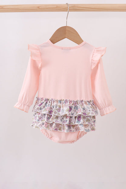 Pink floral bow applique ruffle bubble