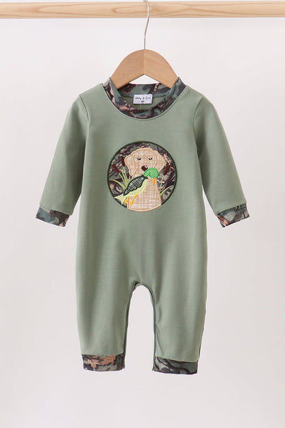 Camouflage dog hunting applique romper