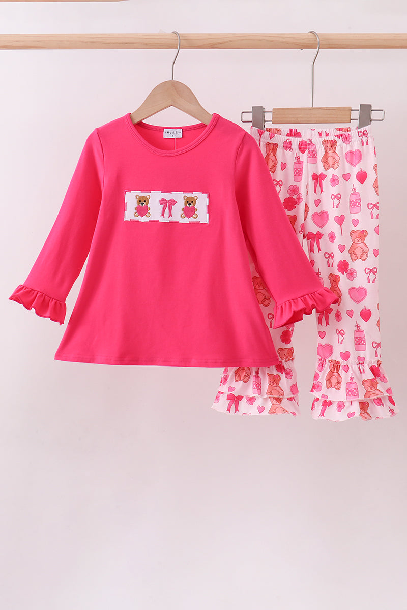 Pink bear embroidery ruffle pants set