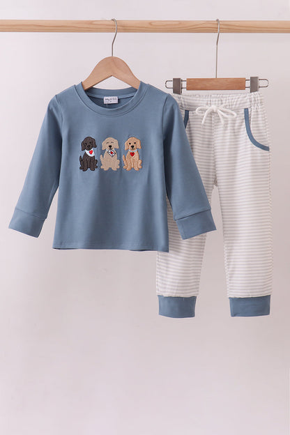 Blue puppy embroidery pants set