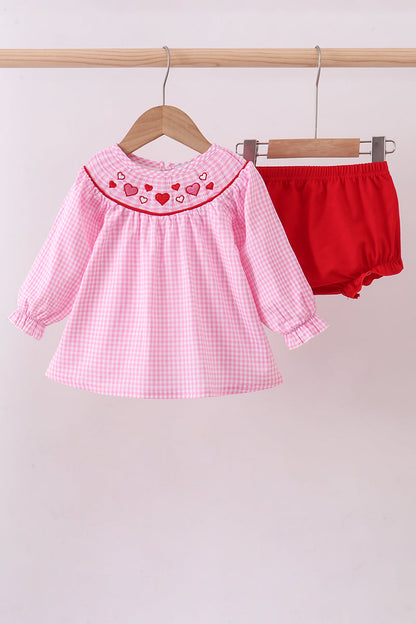 Pink heart smocked gingham bloomer set