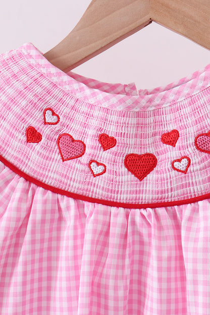 Pink heart smocked gingham ruffle pants set