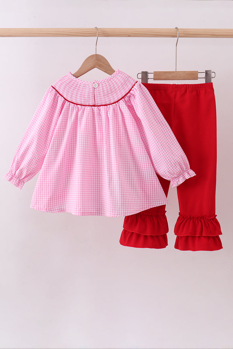Pink heart smocked gingham ruffle pants set