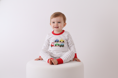 Red car embroidery stripe romper