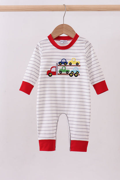 Red car embroidery stripe romper