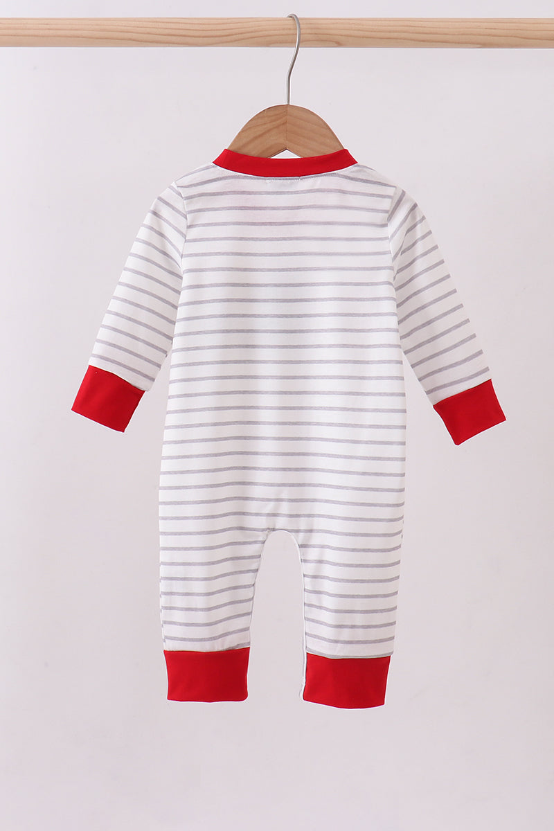 Red car embroidery stripe romper