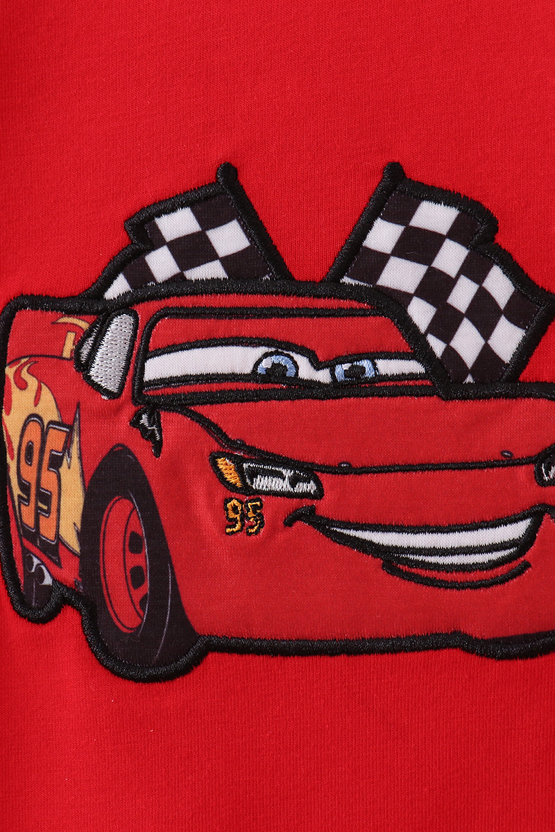 Red character applique checkered romper