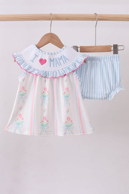 Blue floral I love MAMA smocked ruffle bloomer set