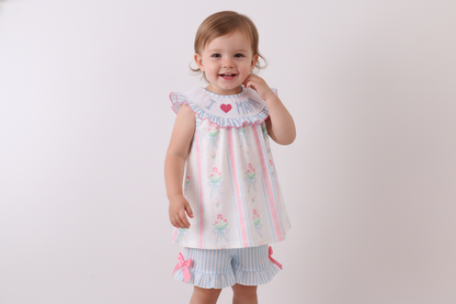 Blue floral I love MAMA smocked ruffle shorts set