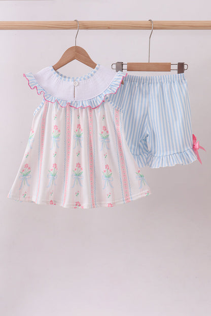 Blue floral I love MAMA smocked ruffle shorts set