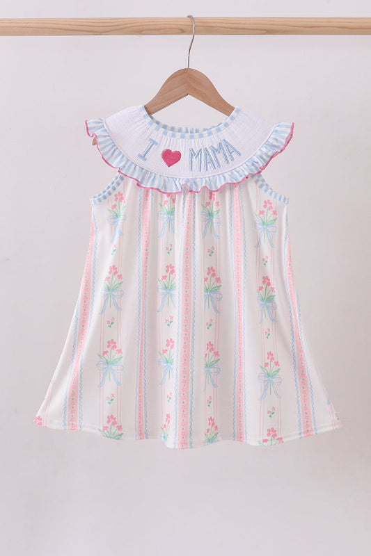 Blue floral I love MAMA smocked ruffle dress