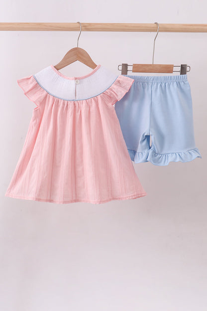 Pink princess smocked ruffle shorts set