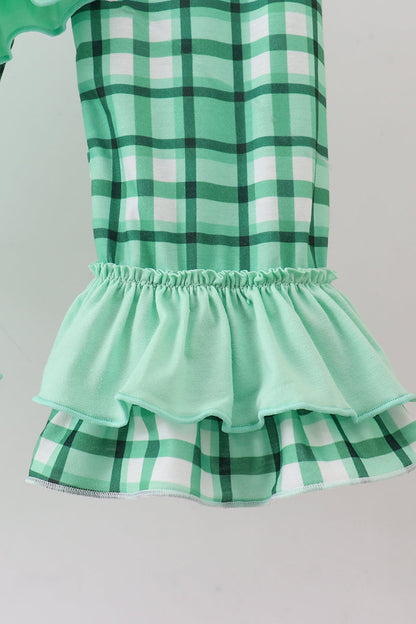Green parade embroidery ruffle gingham pants set