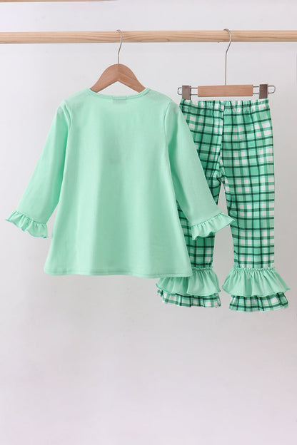 Green parade embroidery ruffle gingham pants set