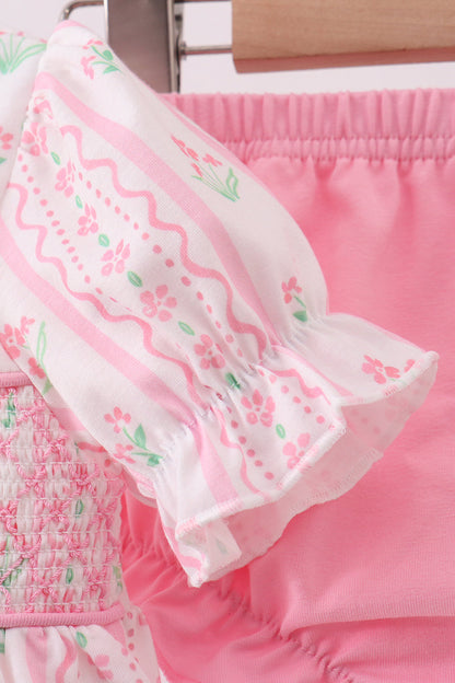Pink floral bow smocked bloomer set