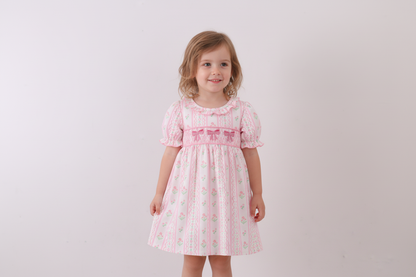 Pink floral bow smocked dress