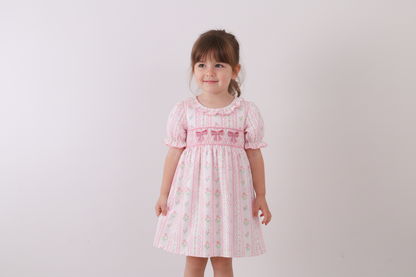 Pink floral bow smocked dress