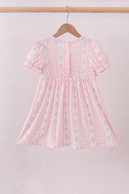 Pink floral bow smocked dress
