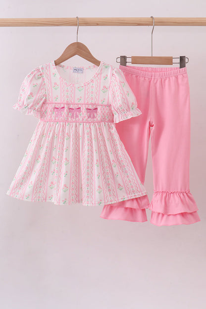 Pink floral bow smocked ruffle pants set