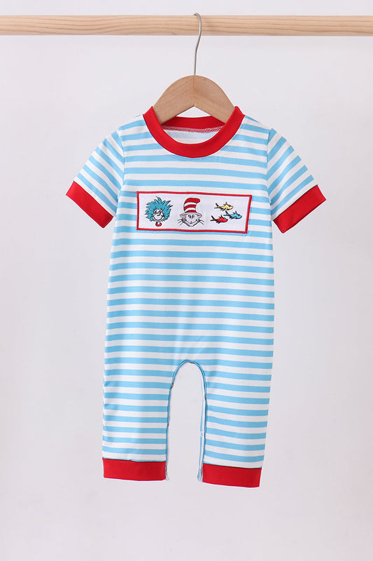 Blue character embroidery stripe romper