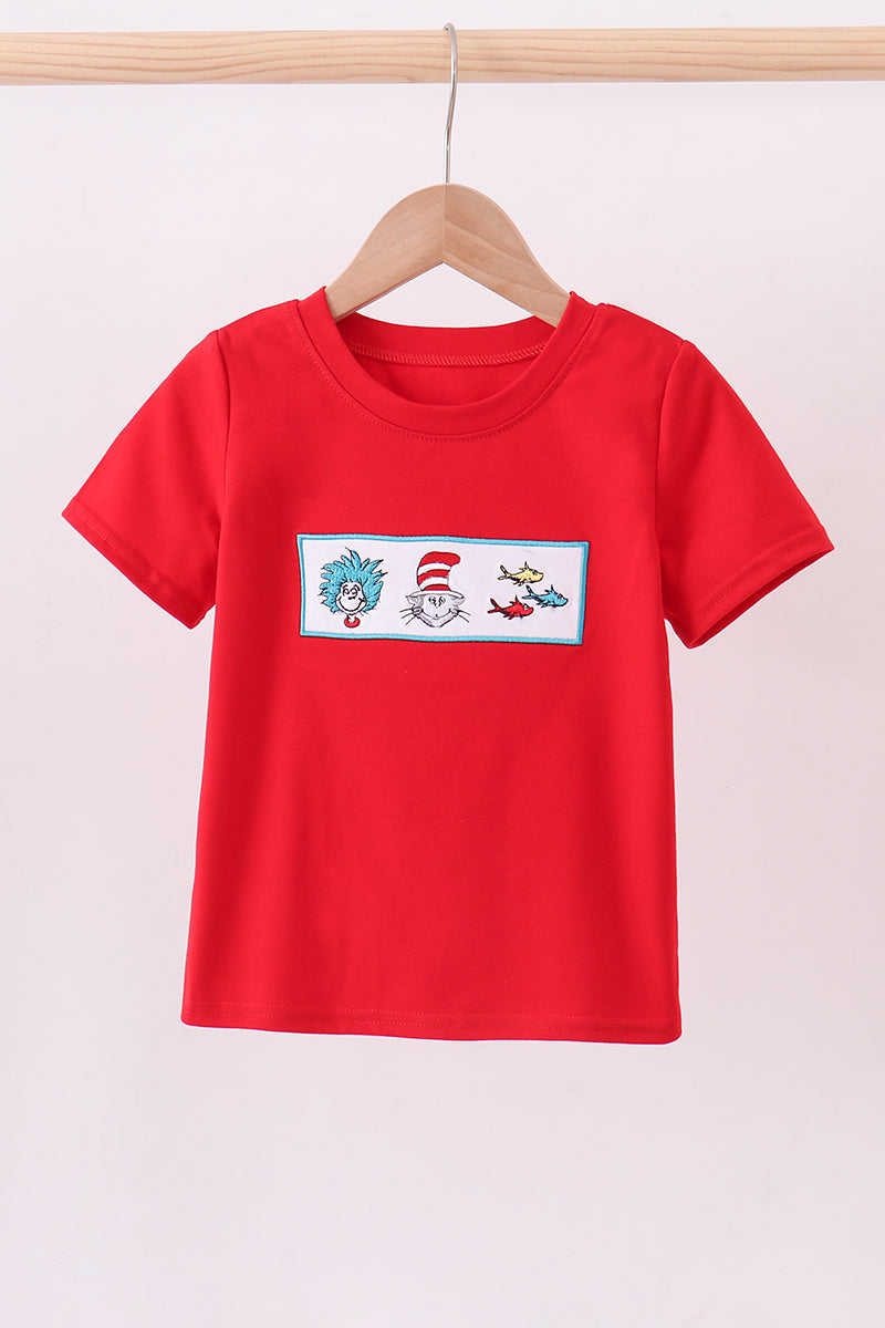 Red character embroidery top
