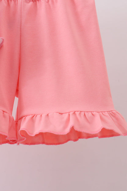 Pink bunny embroidery ruffle shorts set