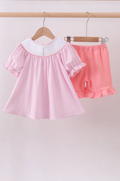 Pink bunny embroidery ruffle shorts set