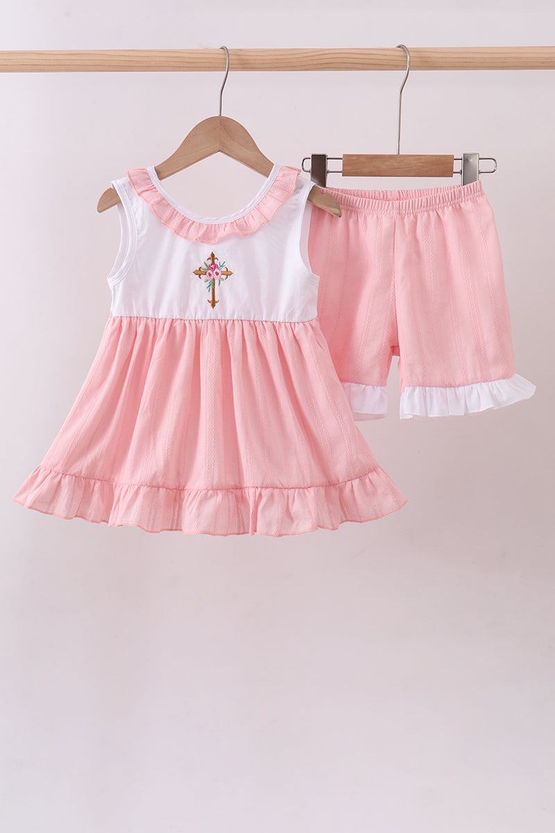 Pink cross jacquard embroidery shorts set
